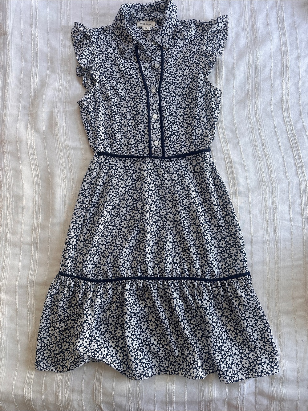Monteau Navy and White Floral Ruffle Sleeve Dress